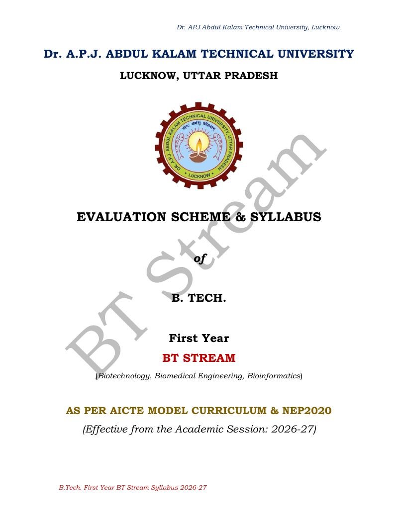 Cover of AKTU BT Stream Syllabus 2026-27 PDF Download (B.Tech 1st Year)