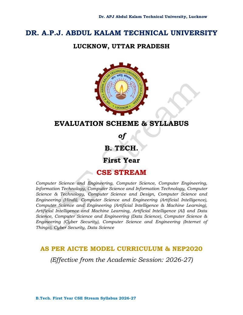 Cover of AKTU CSE Stream Syllabus 2026-27 PDF Download (B.Tech 1st Year)