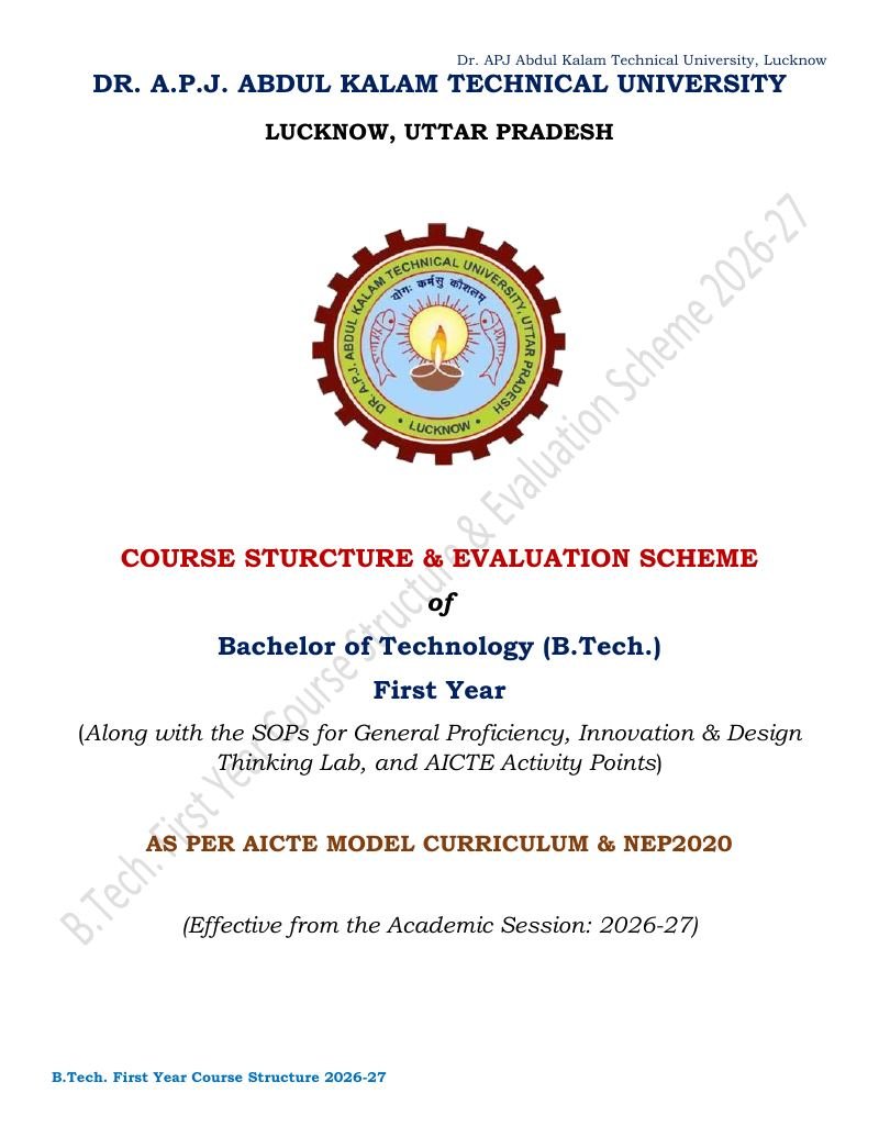 Cover of AKTU B.Tech 1st Year Course Structure & Evaluation Scheme 2026-27 PDF Download