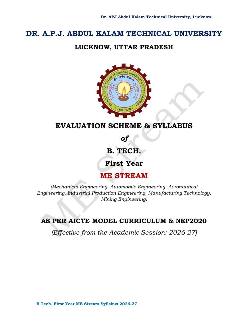 Cover of AKTU ME Stream Syllabus 2026-27 PDF Download (B.Tech 1st Year)